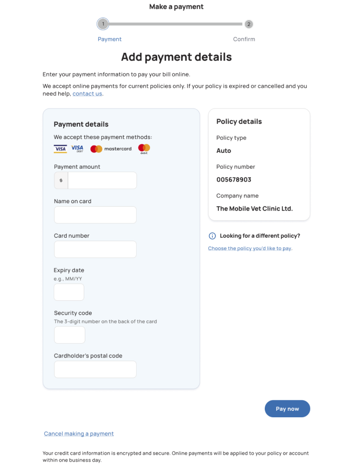 The first step of the Online Services Make a payment flow. On this screen, the user enters their payment amount, credit card information and postal code.