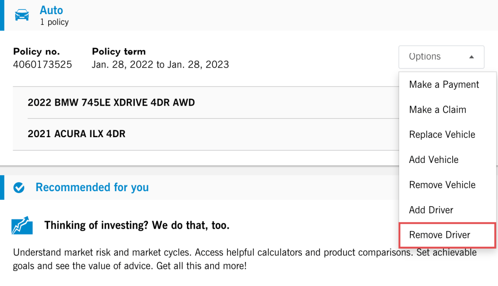 Remove Driver dropdown for auto insurance policies on the former Online Services landing page