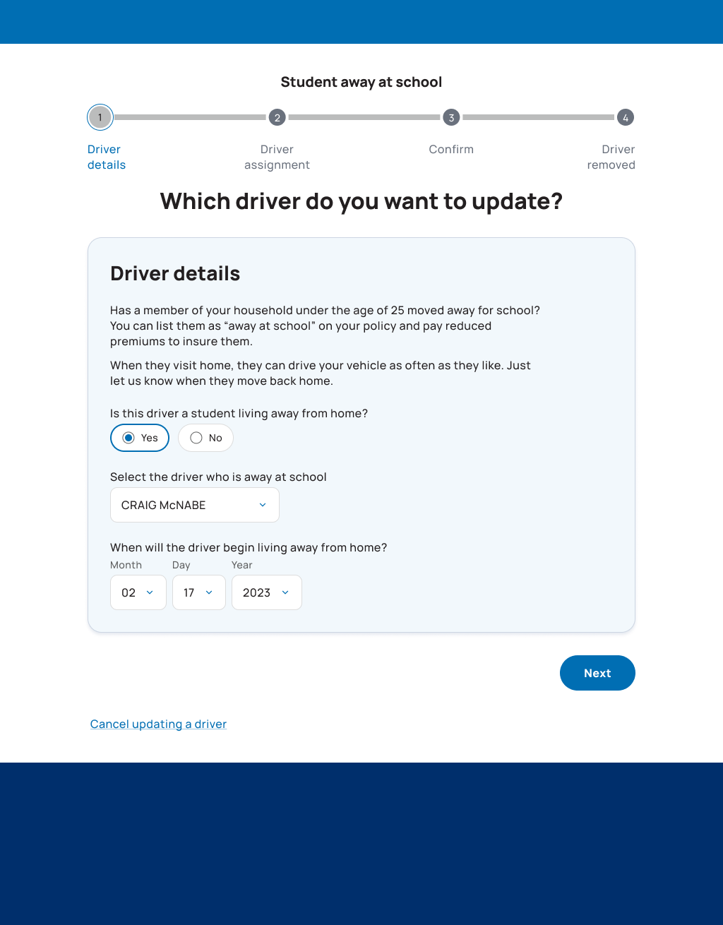 Step 1 of the student away at school flow