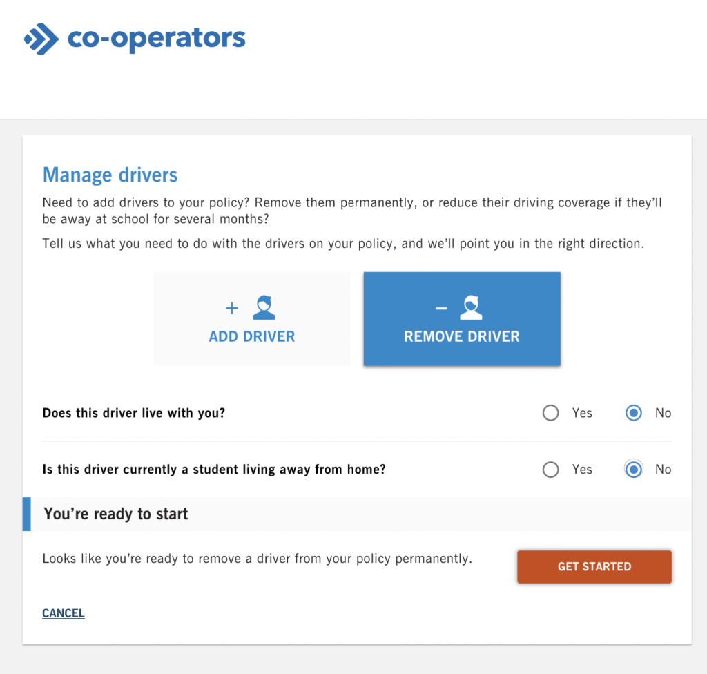 Manage drivers qualifying questions, "Does this driver live with you?" and "Is this driver a student living away from home?"